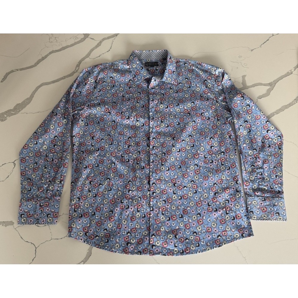 Bachrach Platinum Mens XL Blue Floral Cotton Long Sleeve Button Down Shirt 17.5